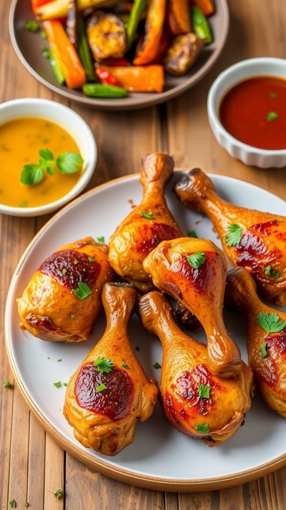 Oven-baked chicken drumsticks on a plate, garnished with herbs, served with roasted vegetables.